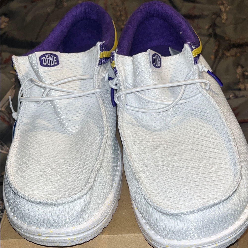 Hey Dude (LSU-FANS) White Slip-On Sneakers Purple/Yellow Accents (Can be Unisex)